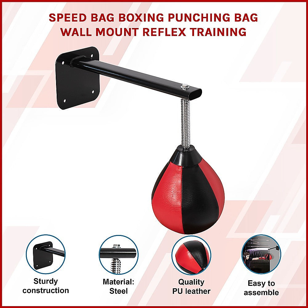 Speed bag boxing punch bag wall mount for reflex training, shown attached to a wall with a speed bag ready for boxing workouts.