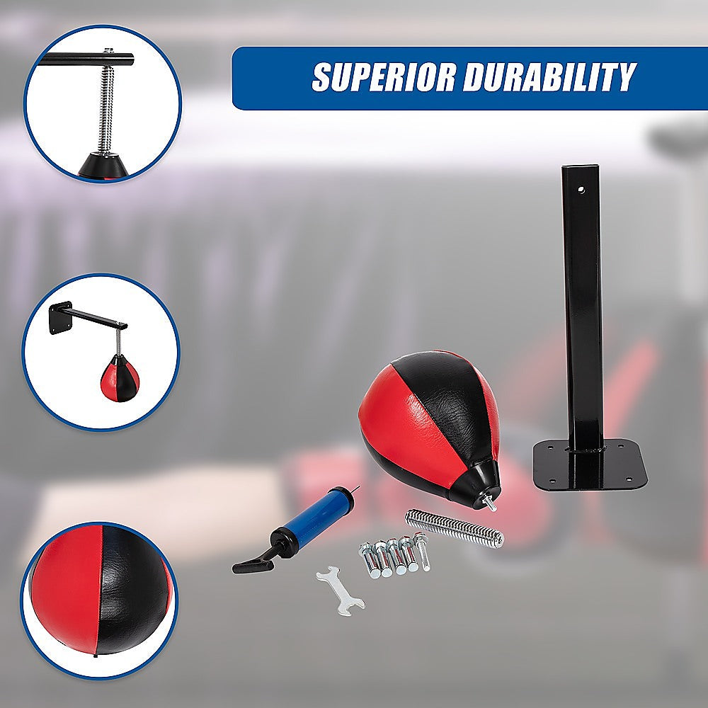 Speed bag boxing punch bag wall mount for reflex training, shown attached to a gym wall with a training ball in use.