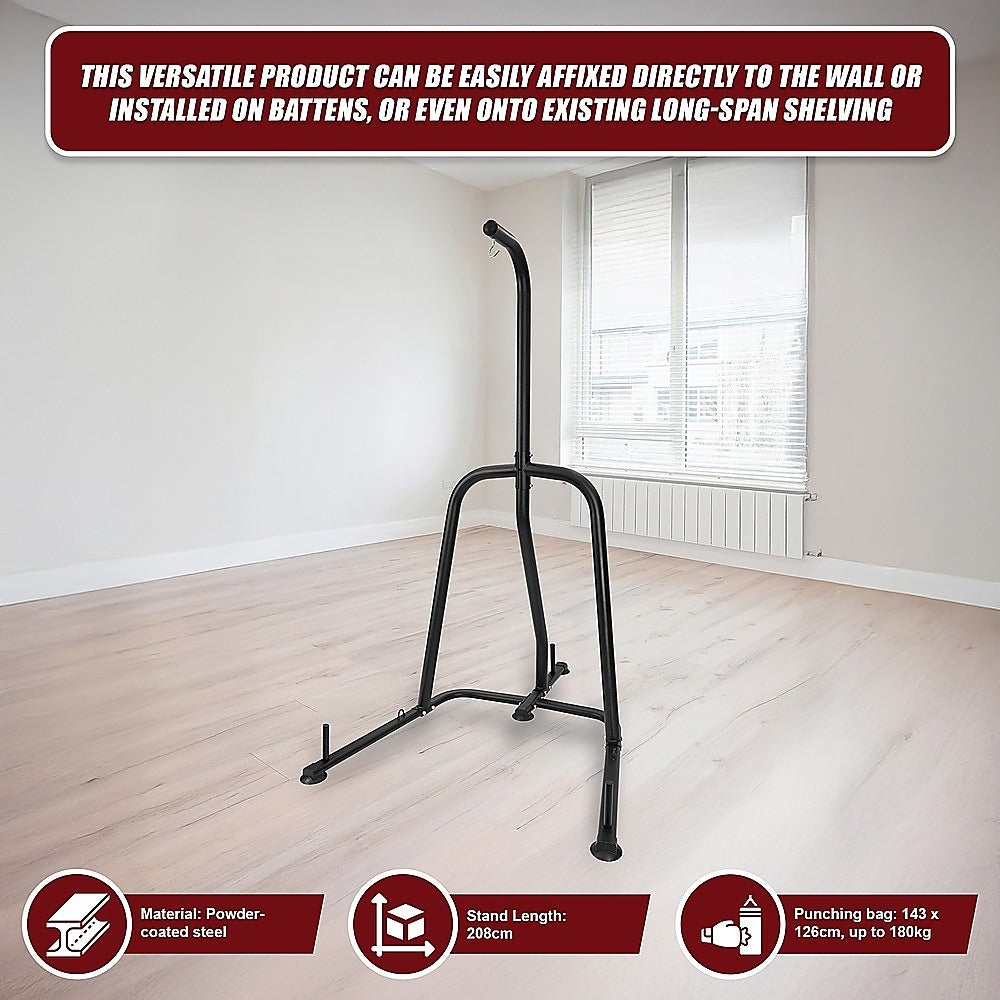 Black single-station boxing punching bag stand from Online Fitness Depot with heavy bag for boxing and martial arts training.