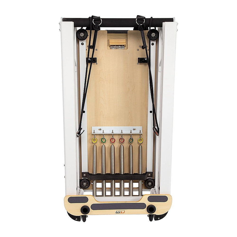Folding Pilates Reformer machine from Online Fitness Depot with padded carriage and adjustable resistance for full-body workout at home.