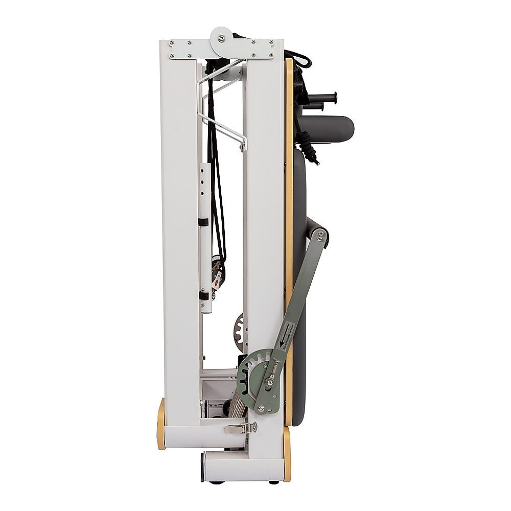 Online Fitness Depot folding Pilates reformer machine for full body fitness, shown in a home workout setting.