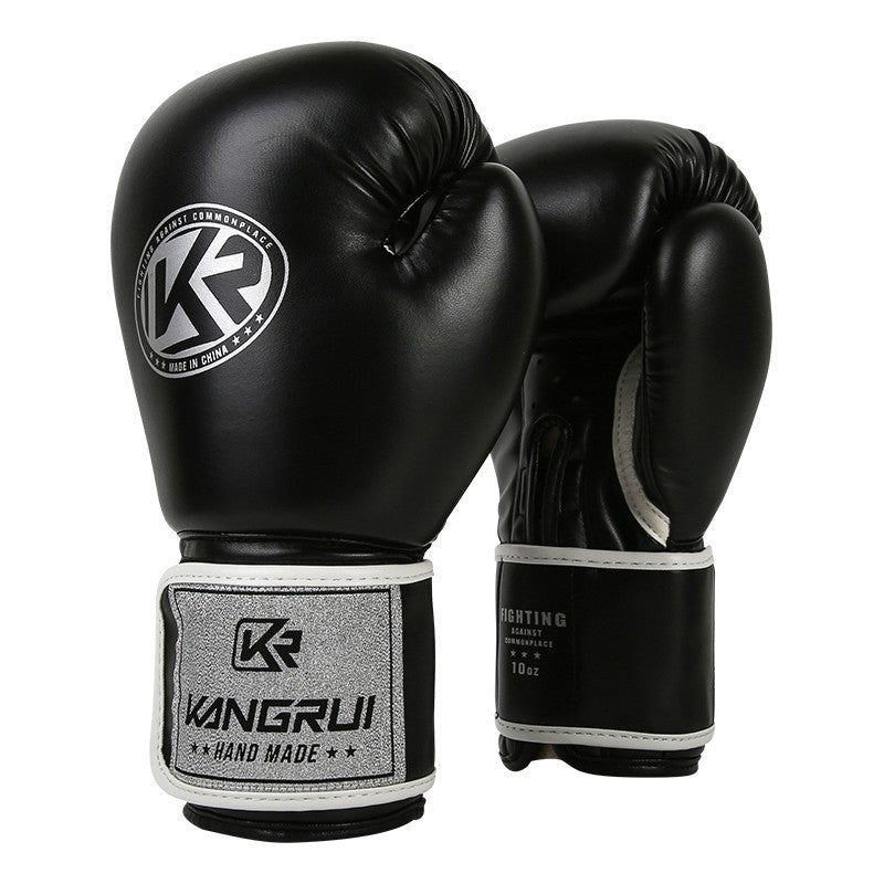 Black and silver durable 8oz PU leather boxing gloves with padding and ventilation, designed for training and fitness workouts.
