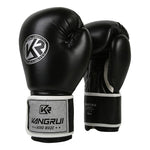 Black and silver durable 8oz PU leather boxing gloves with padding and ventilation, designed for training and fitness workouts.