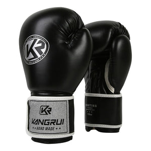 Black and silver durable 8oz PU leather boxing gloves with padding and ventilation, designed for training and fitness workouts.