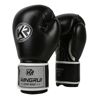 Black and silver durable 8oz PU leather boxing gloves with padding and ventilation, designed for training and fitness workouts.