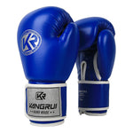 Blue and silver durable 8oz PU leather boxing gloves with padding and ventilation for training, shown in a gym setting.