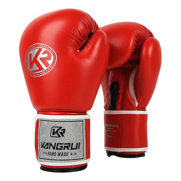Red and silver durable 10oz PU leather boxing gloves with padding and ventilation for training from Online Fitness Depot.