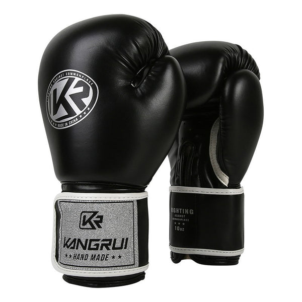 Black and silver durable 10oz PU leather boxing gloves with padding and ventilation for training from Online Fitness Depot
