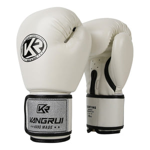 White and silver durable 10oz PU leather boxing gloves with padding and ventilation for training, designed for sports and fitness use.