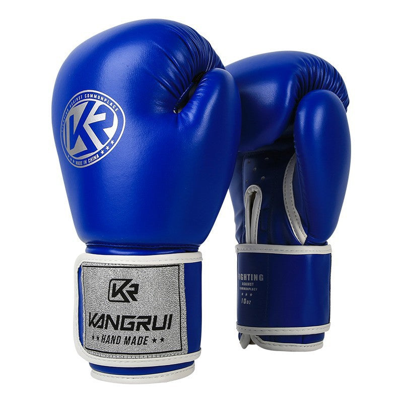 Blue and silver durable 10oz PU leather boxing gloves with padding and ventilation for training, designed for sports and fitness workouts
