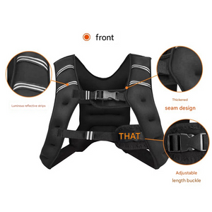 Black adjustable weighted vest by Online Fitness Depot with reflective panels, designed for running, training, and strength workouts.