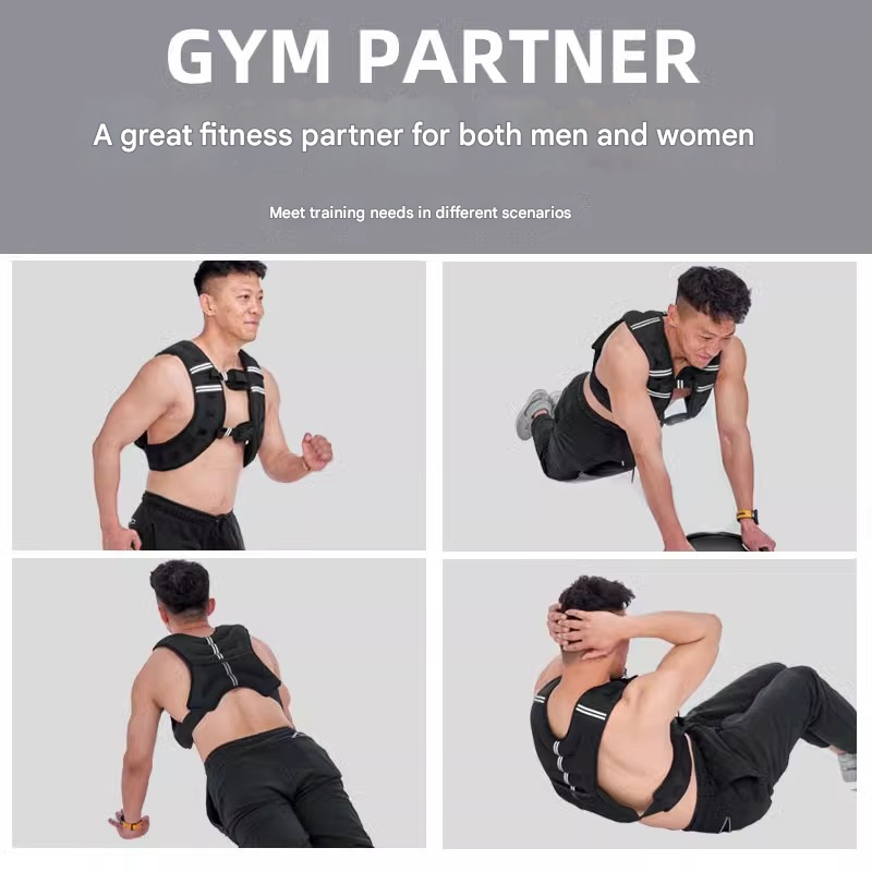 Black adjustable weighted vest by Online Fitness Depot for running and training, featuring reflective elements and 10kg weight.