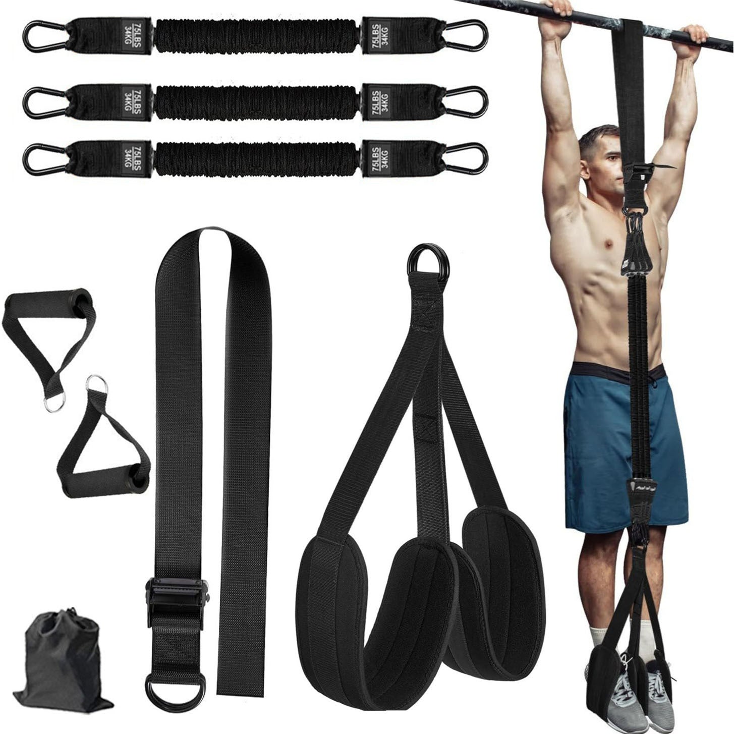 Black heavy-duty pull-up assist strap with foam handles, adjustable resistance for gym workouts and home fitness training.