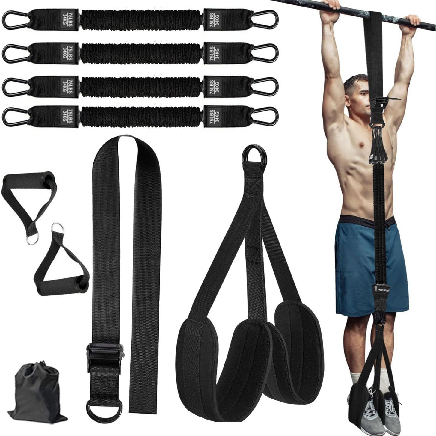 Black heavy-duty pull-up assist strap with foam handles from Online Fitness Depot, adjustable resistance for home gym workouts.