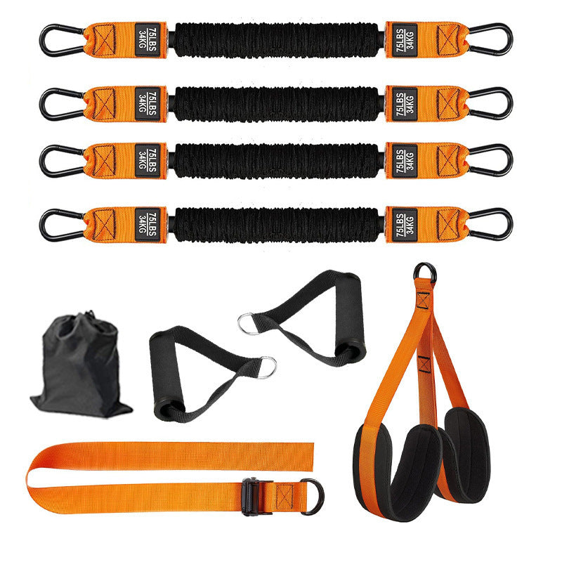 Orange heavy-duty pull-up assist strap system with foam handles for adjustable resistance workouts in gym or home fitness.