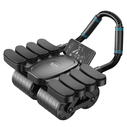 Black 4-wheel Ab Roller with 8 elbow supports from Online Fitness Depot, designed for core workouts and abdominal muscle training.