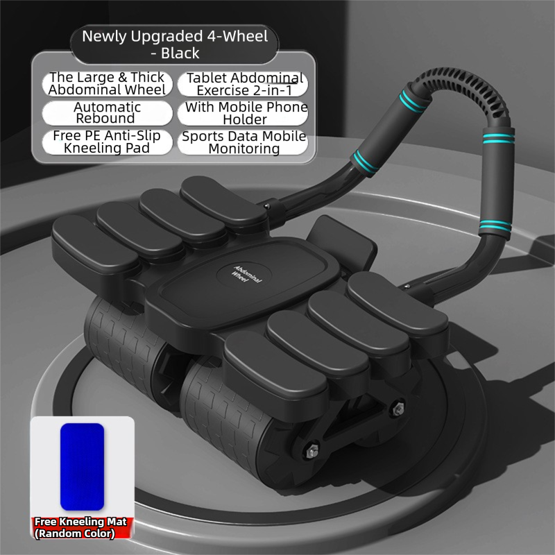 Black 4-wheel automatic rebound ab roller with 8 elbow supports, designed for core workouts and abdominal muscle training.
