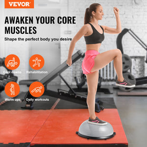 Gray 23-inch balance ball trainer with resistance bands and foot pump, used for full body workouts and stability exercises.