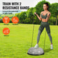 Gray 23-inch balance exercise ball with resistance bands and foot pump, used for full body workouts and stability training.