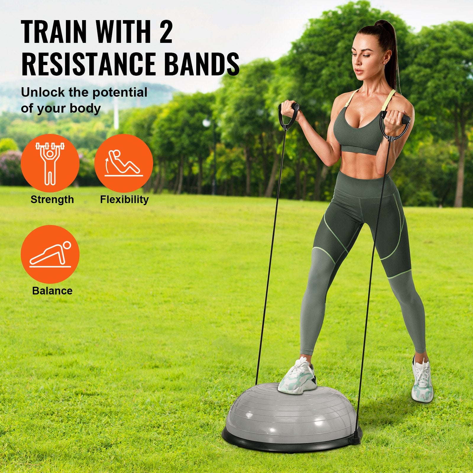 Gray 23-inch balance exercise ball with resistance bands and foot pump, used for full body workouts and stability training.