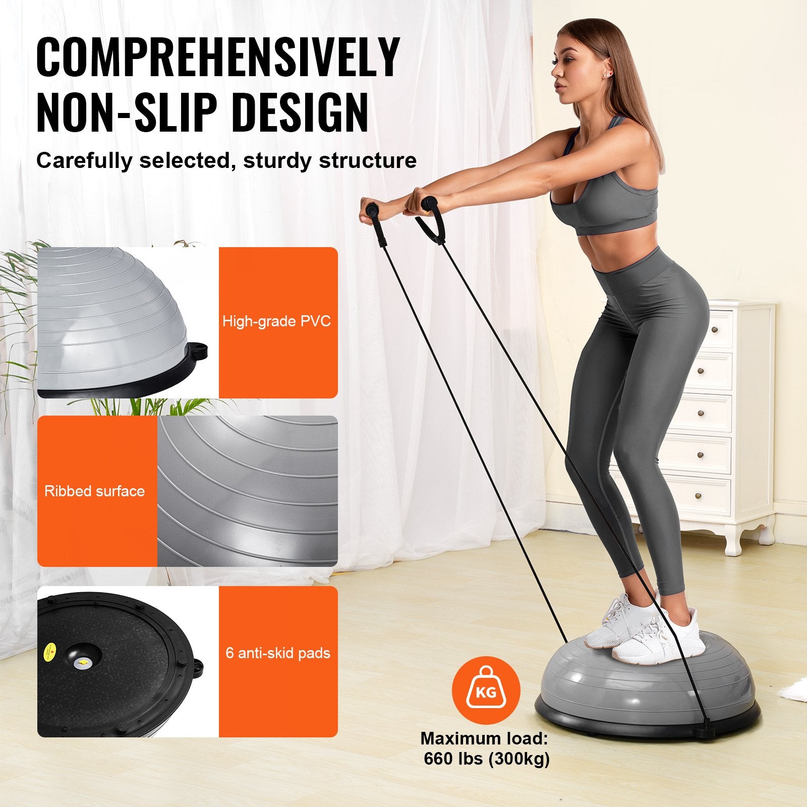 Gray 23-inch stability ball with resistance bands and foot pump for full-body workouts, suitable for home gym and strength training.