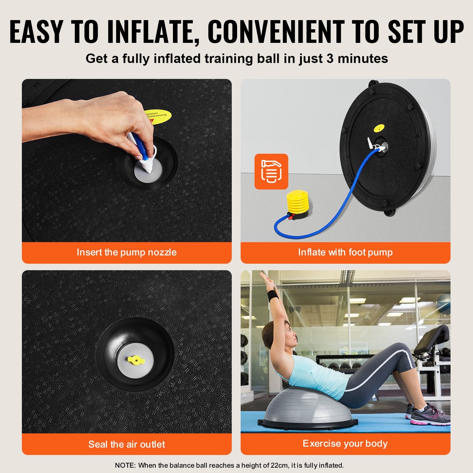 Gray 23-inch Half Exercise Ball Trainer with resistance bands, foot pump, and stability for full-body workouts at home.