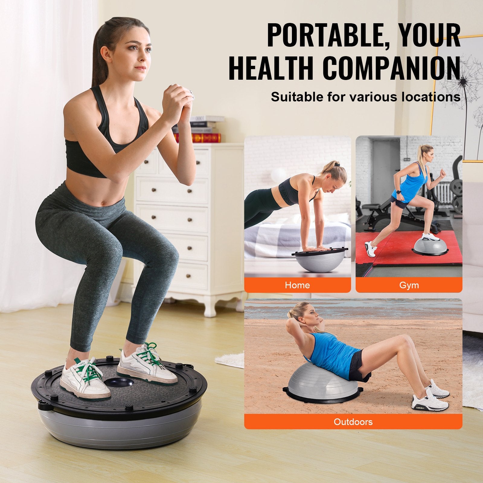 Gray 23-inch balance ball trainer with resistance bands and foot pump, used for full body workouts and stability exercises.