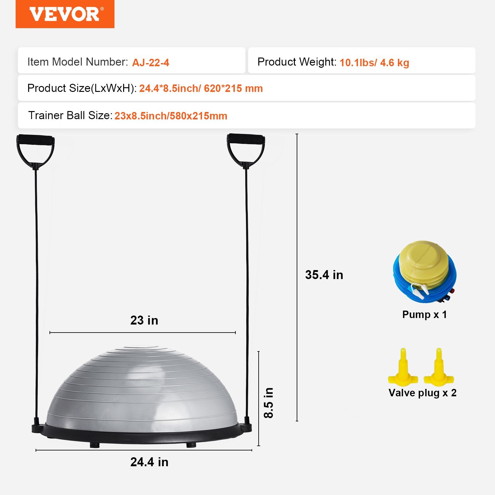 Gray 23-inch balance exercise ball with resistance bands, foot pump, and stability for full body workouts in home gym.