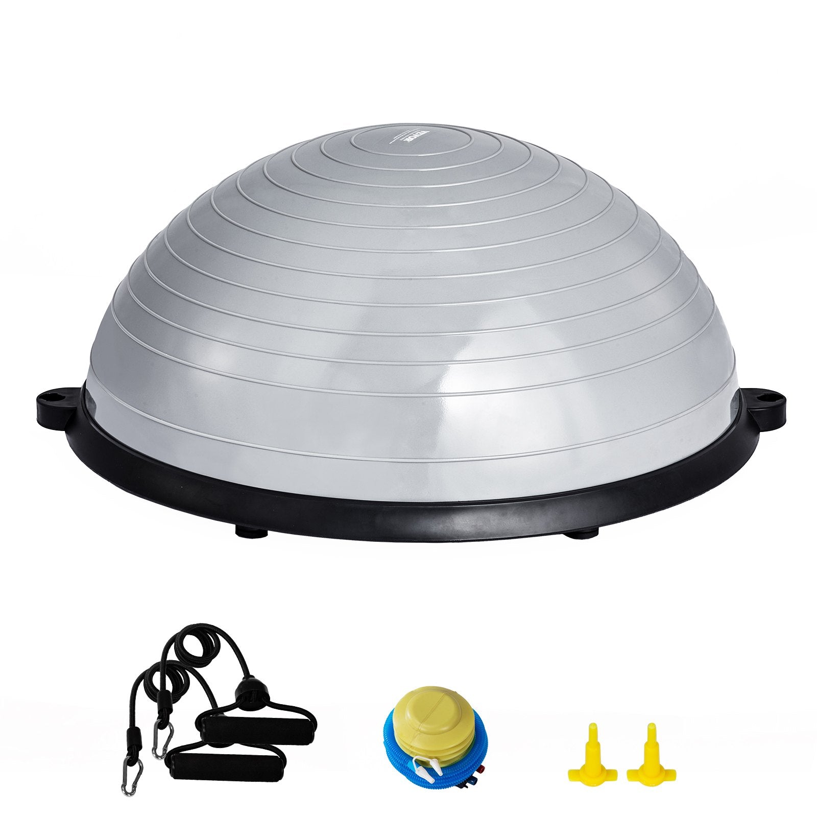 Gray 23-inch exercise ball trainer with resistance bands, foot pump, suitable for full body workouts and stability training at home