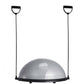 Gray 23-inch balance ball trainer with resistance bands and foot pump, used for full body workouts and stability training.