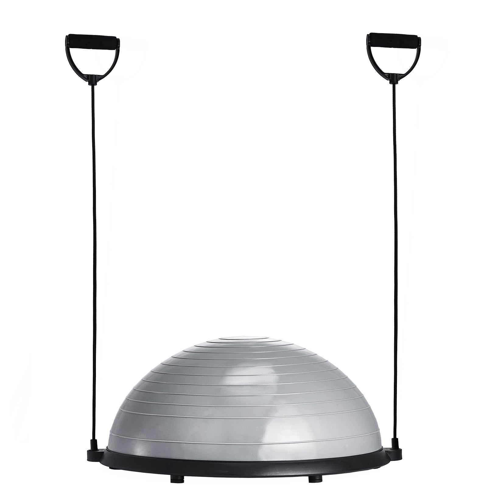 Gray 23-inch balance ball trainer with resistance bands and foot pump, used for full body workouts and stability training.