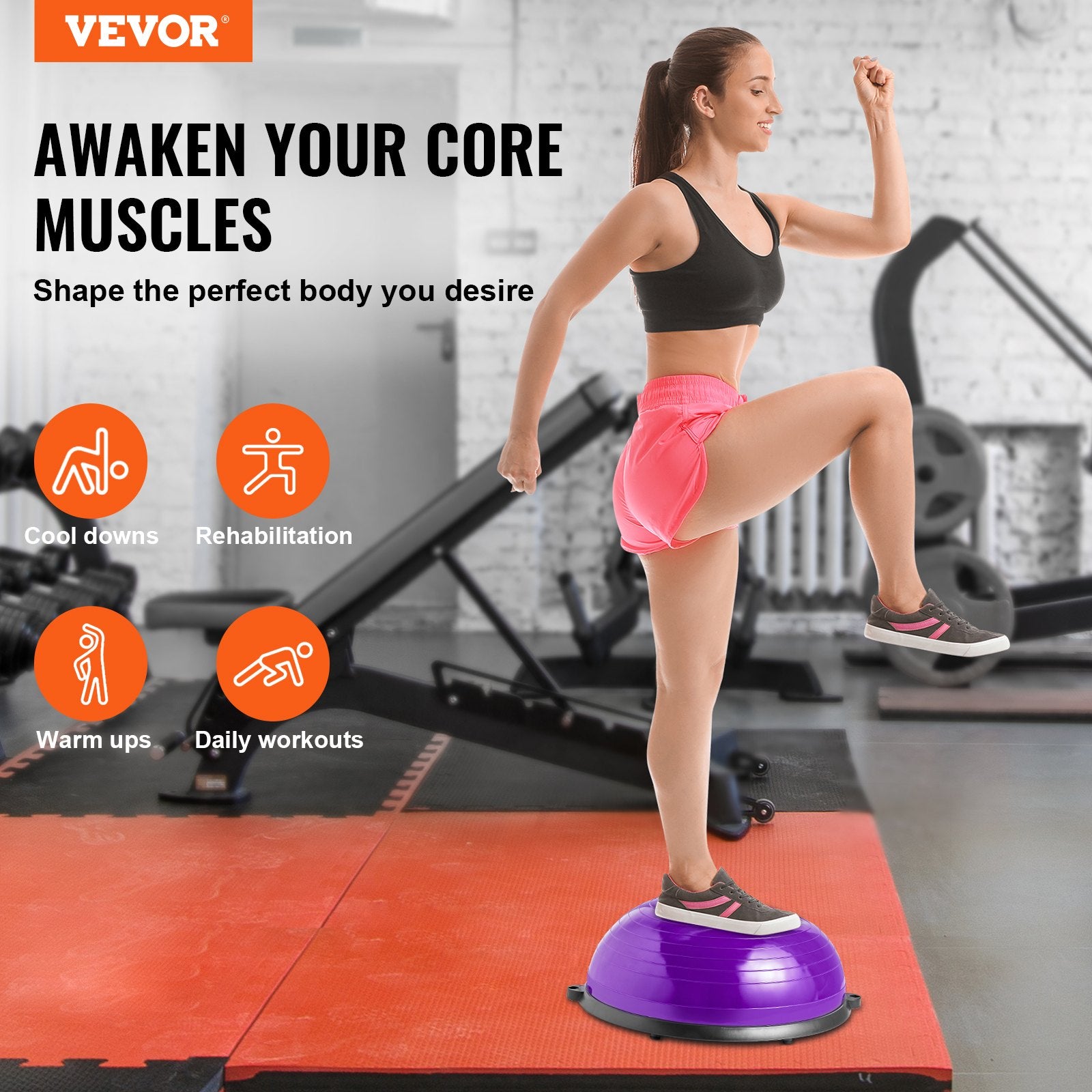Purple 23-inch stability ball with resistance bands and foot pump, ideal for full body workouts and home gym strength training.
