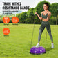 Purple 23-inch balance ball trainer with resistance bands, foot pump, and stability features for full body workout and fitness training.