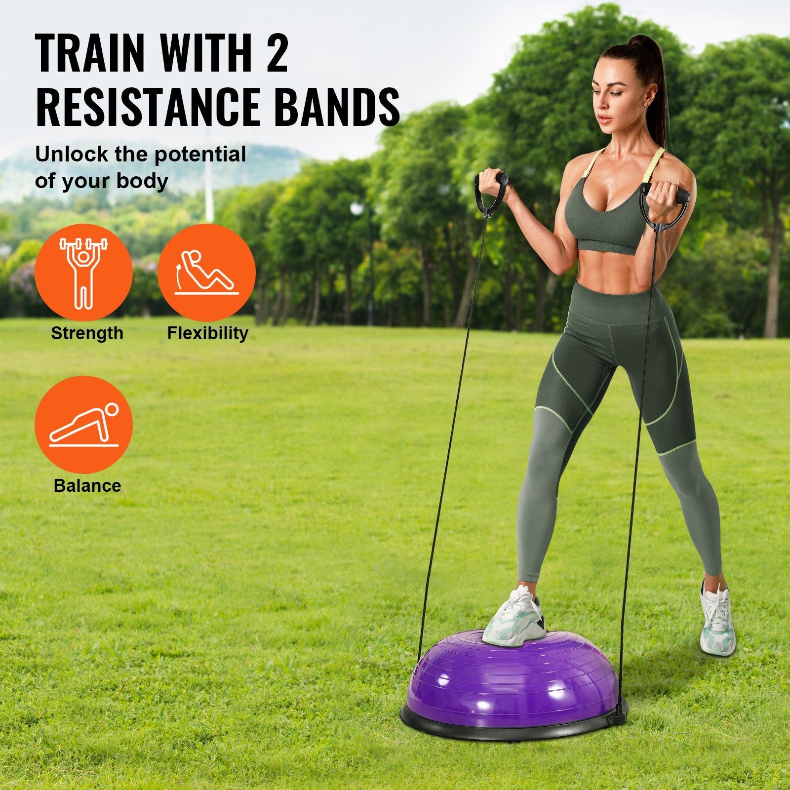 Purple 23-inch balance ball trainer with resistance bands, foot pump, and stability features for full body workout and fitness training.