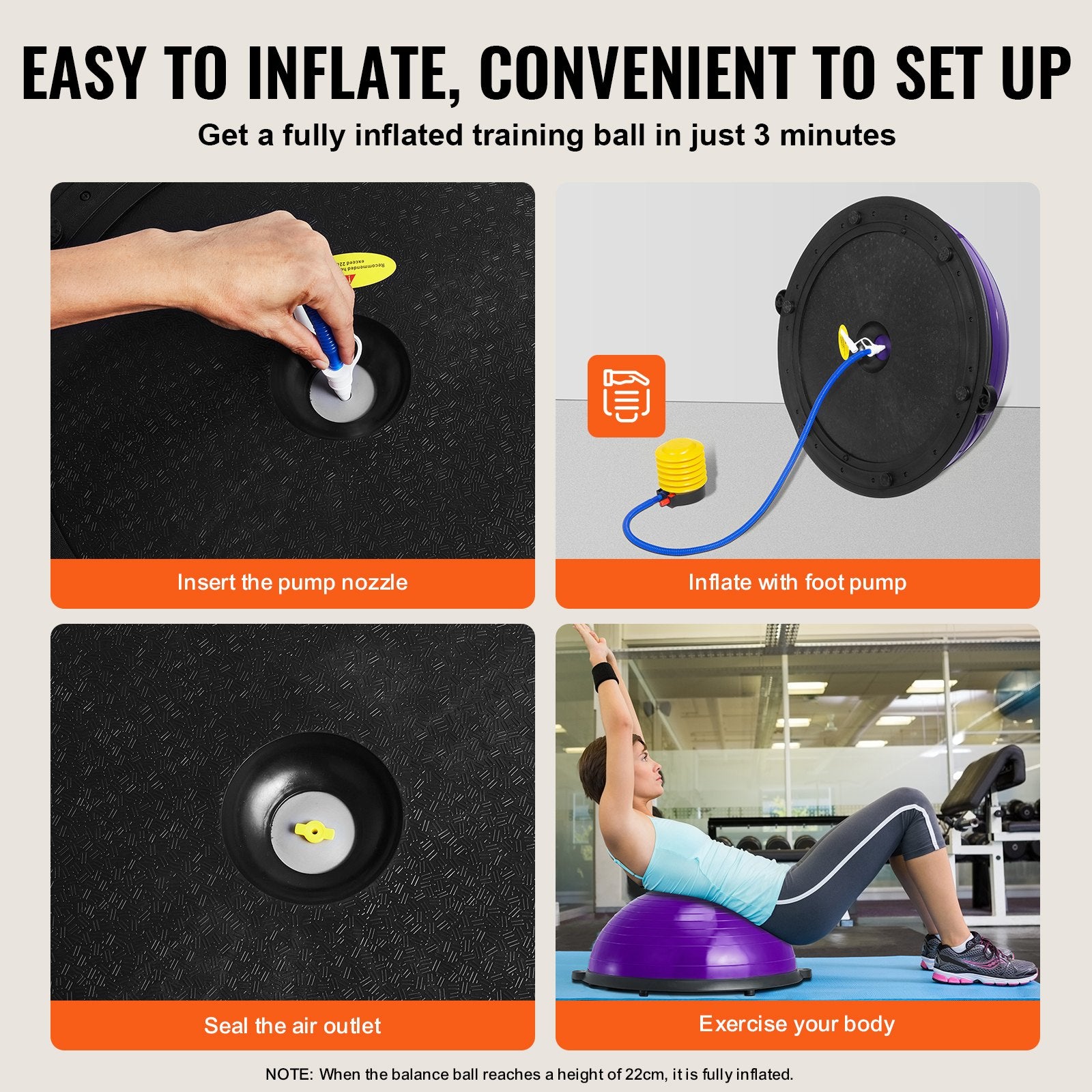 Purple 23-inch exercise ball with resistance bands and foot pump for full body fitness and stability training at home.