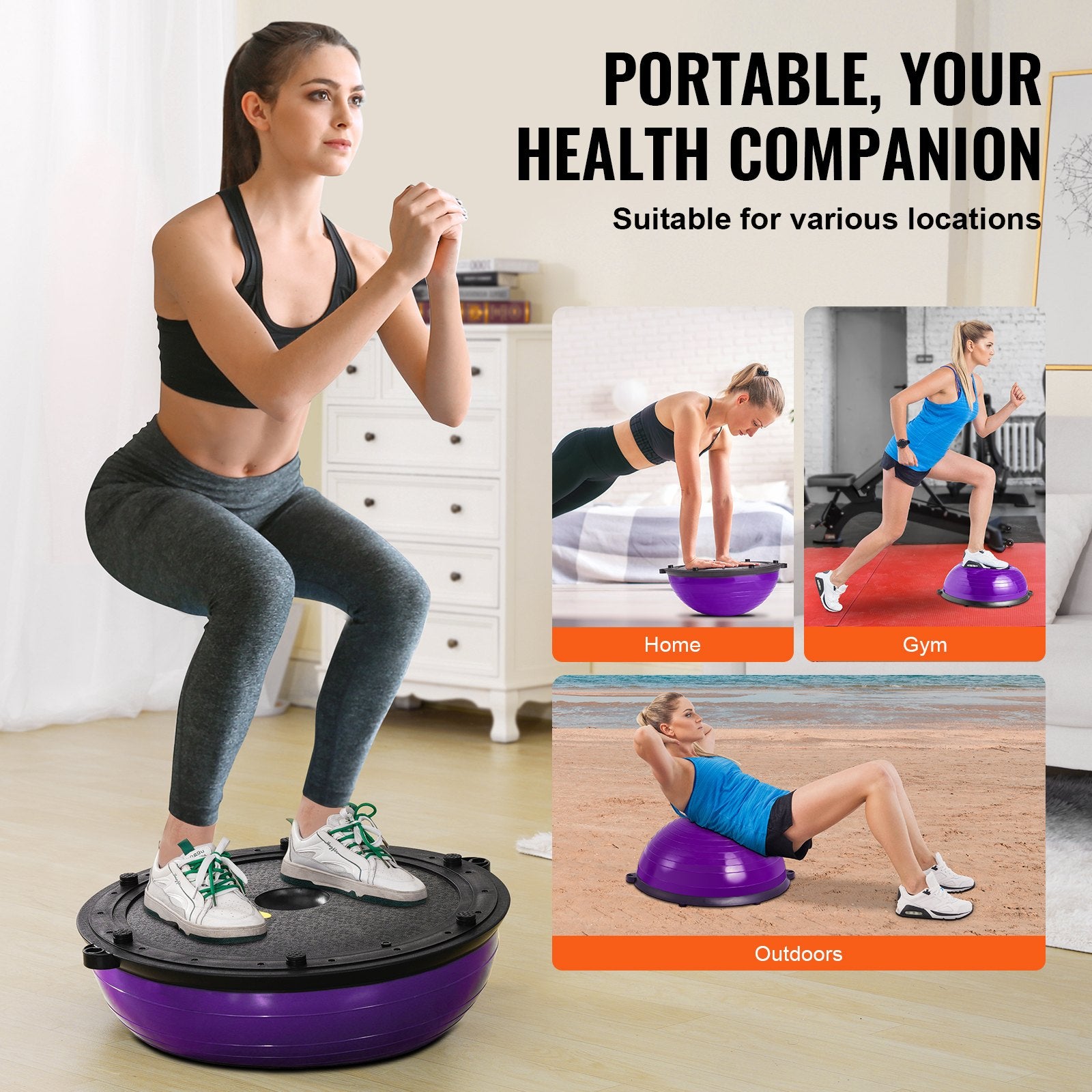 Purple 23-inch stability ball with resistance bands for full-body workouts, includes foot pump, perfect for home gym fitness training.