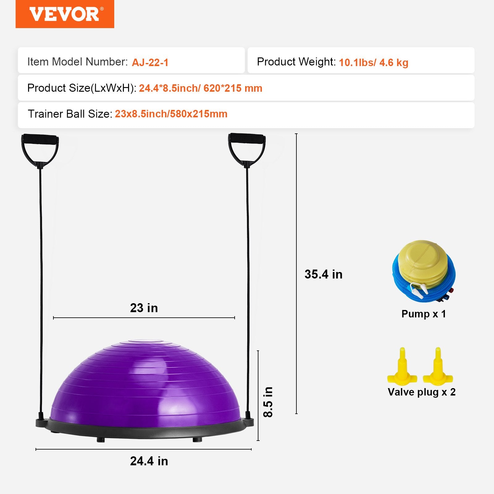 Purple 23-inch balance ball trainer with resistance bands, foot pump, suitable for full body workouts and stability exercises.
