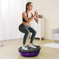 Purple 23-inch stability ball with resistance bands and foot pump, used for full-body workouts and balance training at home.