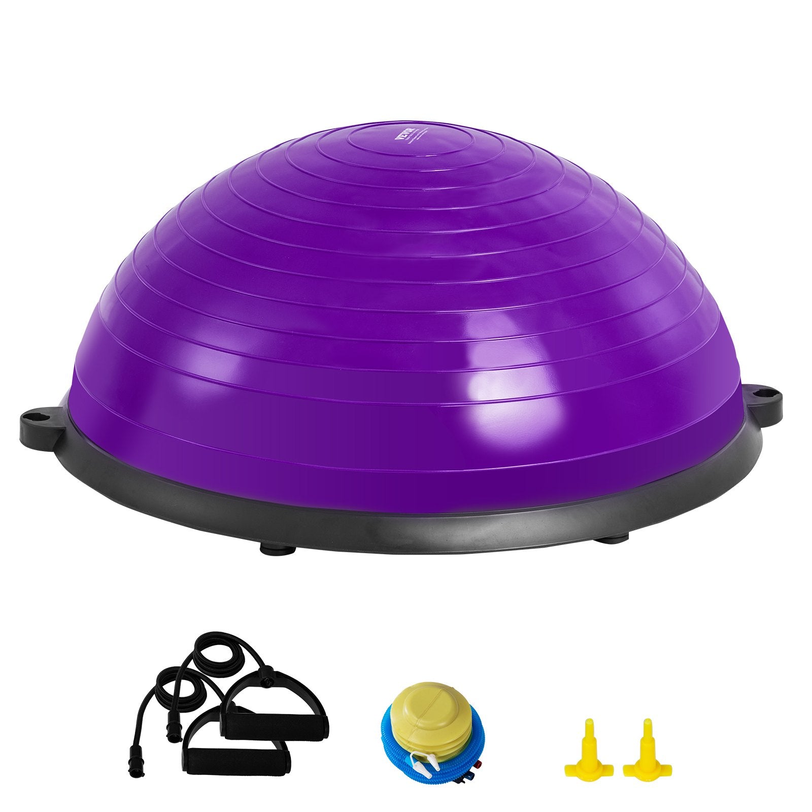 Purple 23-inch exercise ball trainer with resistance bands, foot pump, ideal for full body workouts and stability training.