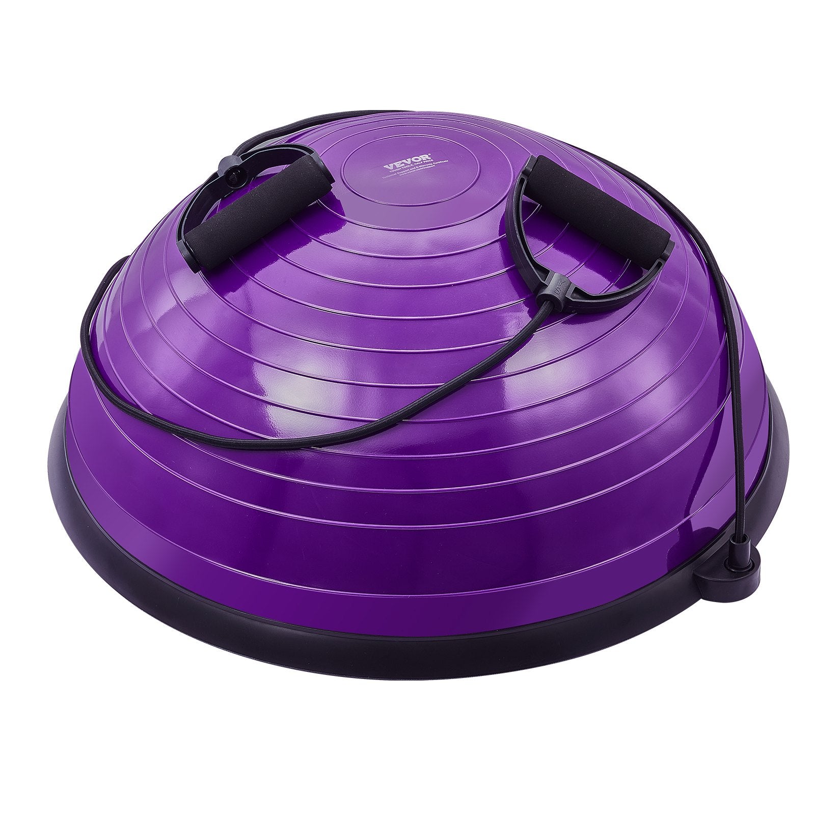 Purple 23-inch stability ball trainer with resistance bands and foot pump, ideal for full body workout and home gym fitness.