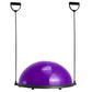Purple 23-inch stability ball with resistance bands and foot pump, used for full body workouts and home fitness training.