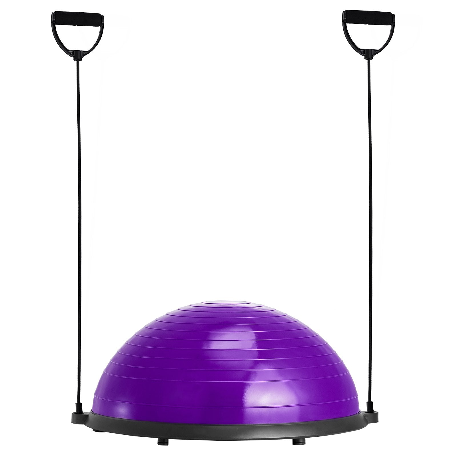 Purple 23-inch stability ball with resistance bands and foot pump, used for full body workouts and home fitness training.