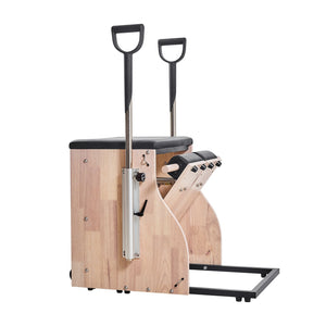 Vevor Pilates chair with split pedals, handles, rubber wood frame, for yoga, fitness, and home gym workouts.