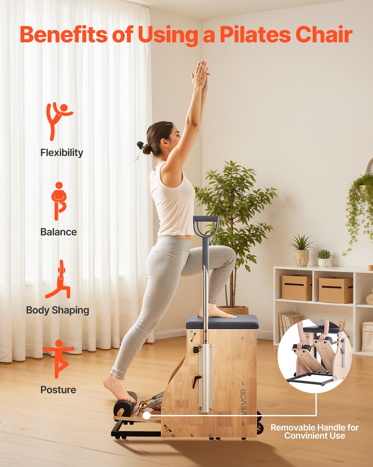 Vevor Pilates chair with split-pedal design, rubber wood frame, handles, and resistance for home gym Pilates and fitness workouts.