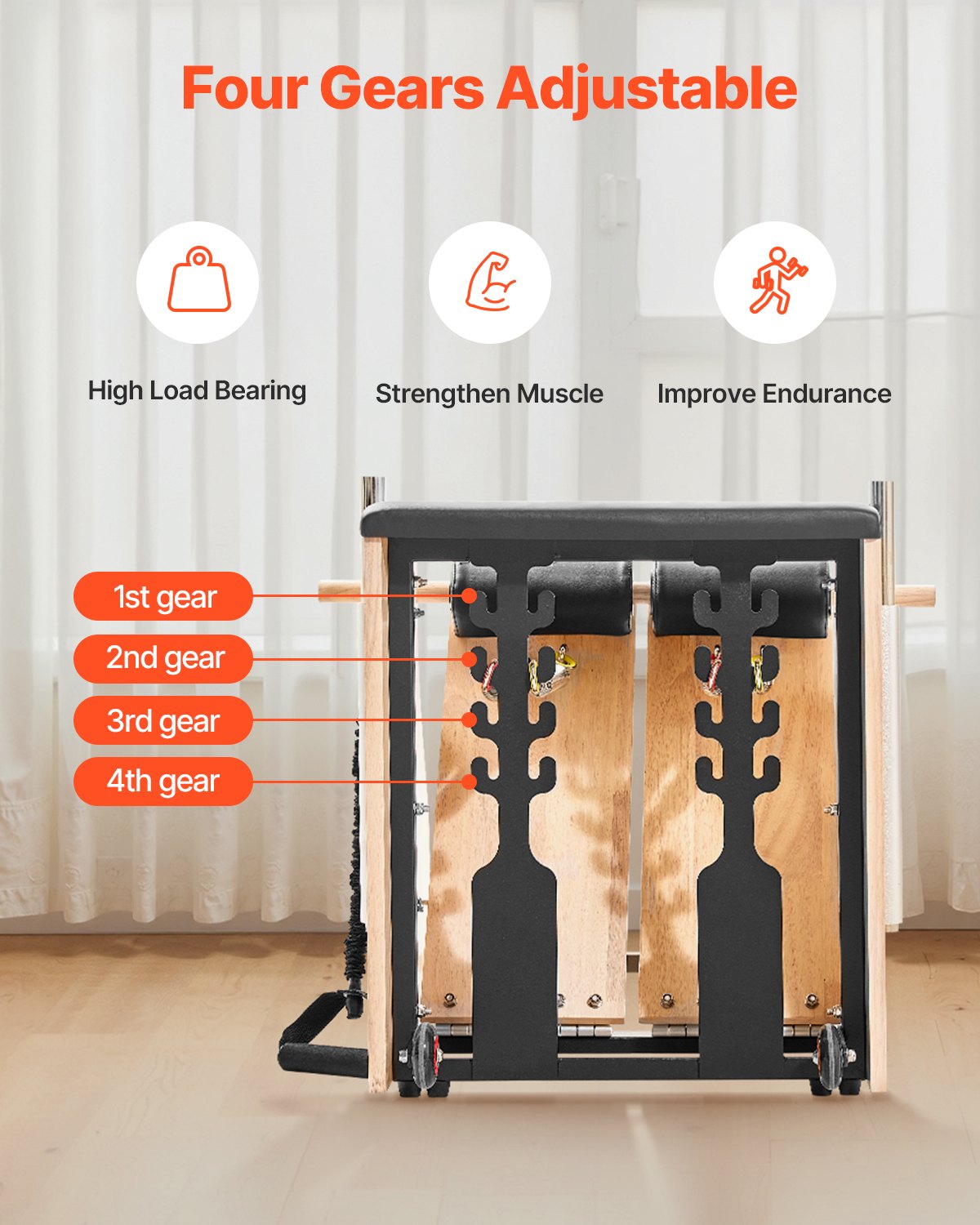 Vevor Pilates chair with split-pedal design, rubber wood frame, handles, and resistance for home gym and fitness workouts.