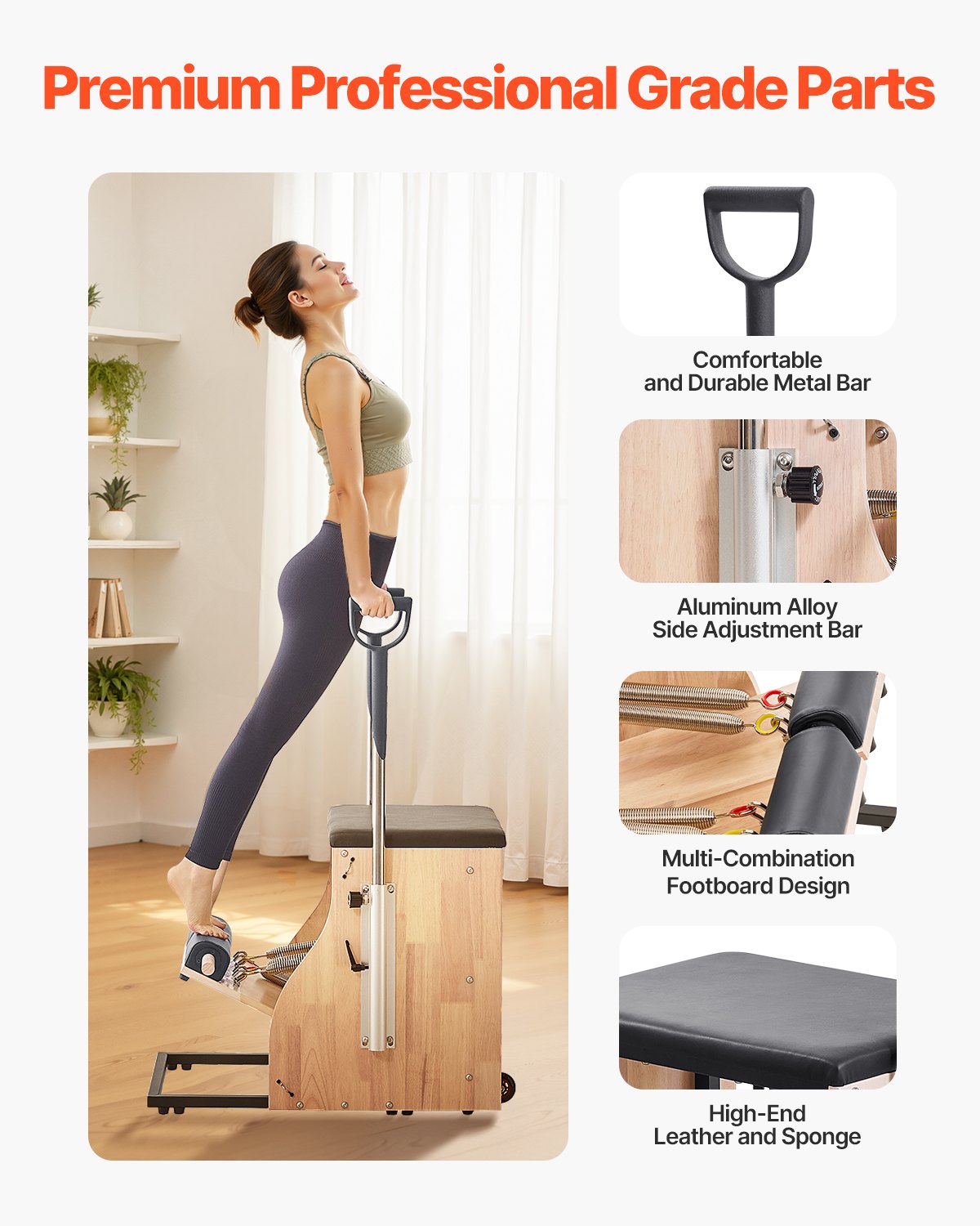 Vevor Pilates chair with split-pedal design, rubber wood frame, handles, for yoga, fitness, and home gym workouts.