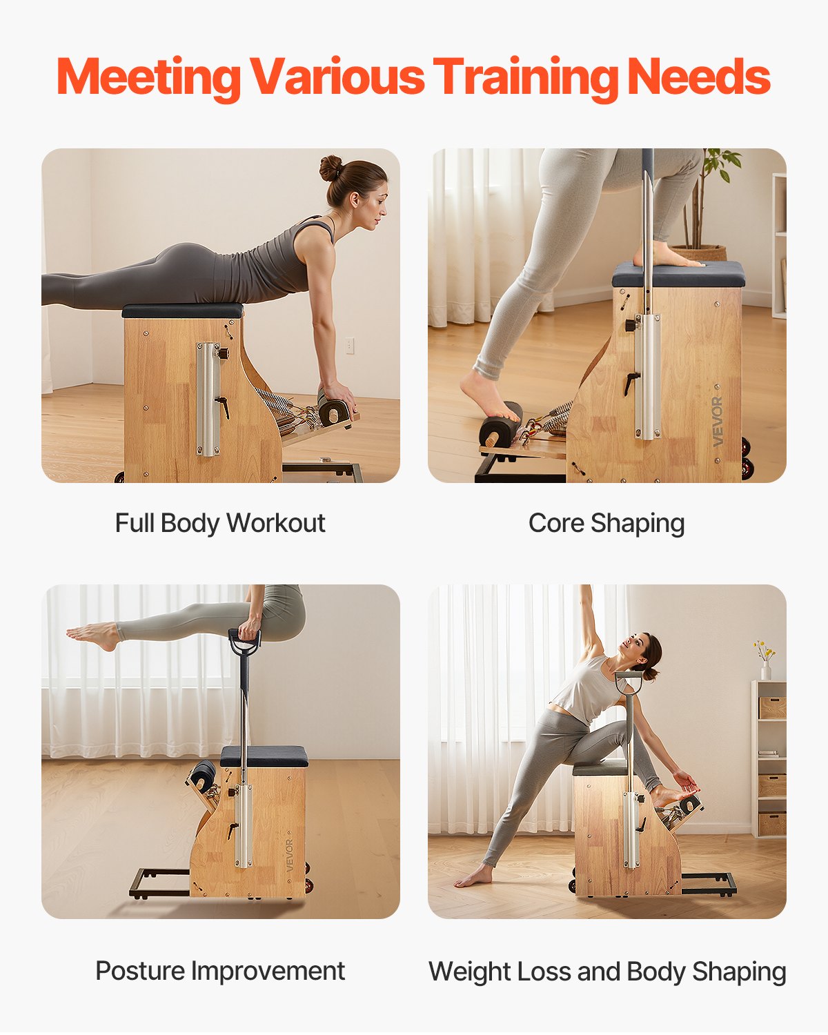 Vevor Pilates chair with split-pedal design, rubber wood frame, handles, and resistance for home gym fitness and yoga workouts.