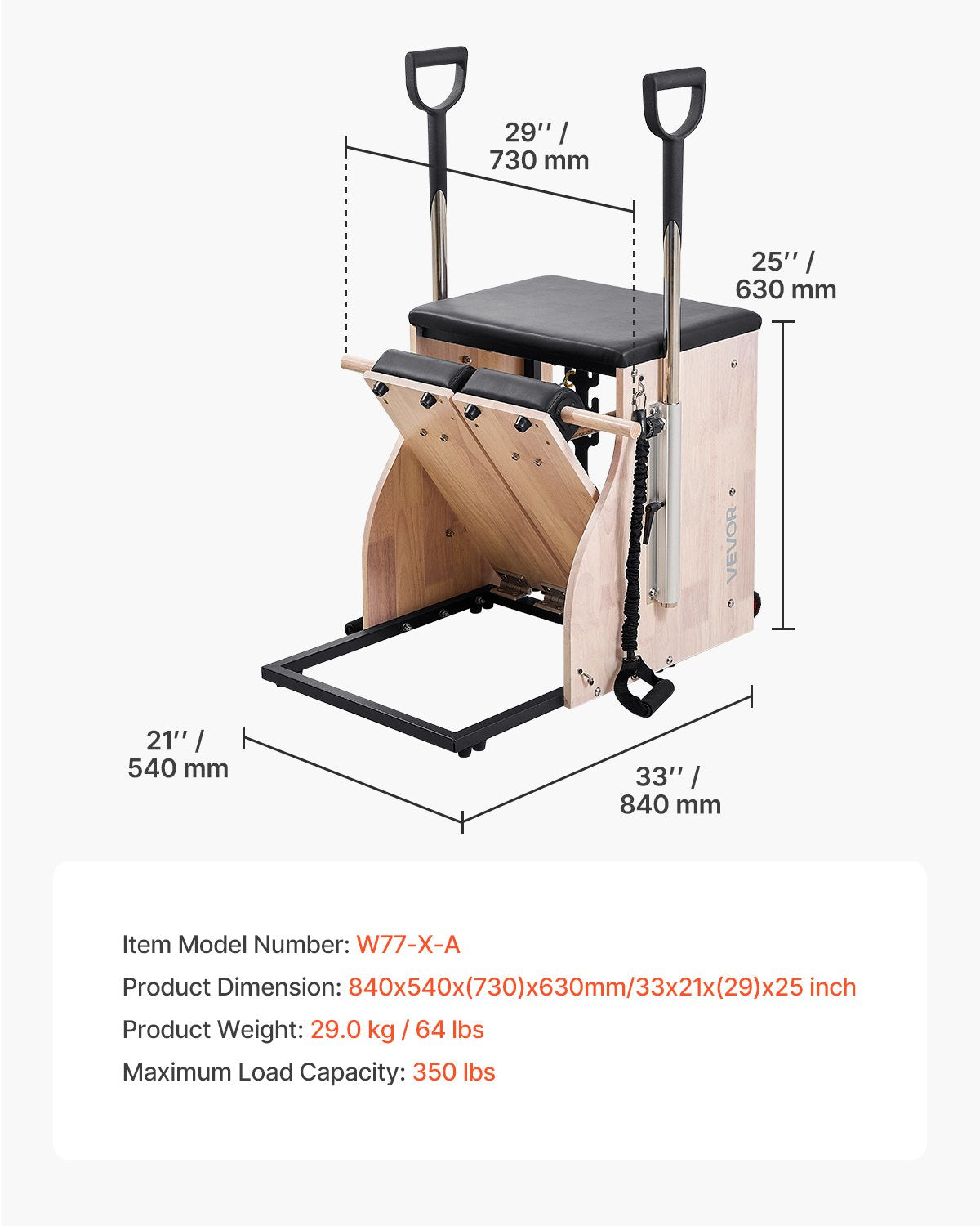VEVOR Pilates Chair with split-pedal design, rubber wood frame, handles, and resistance for home gym and fitness workouts.