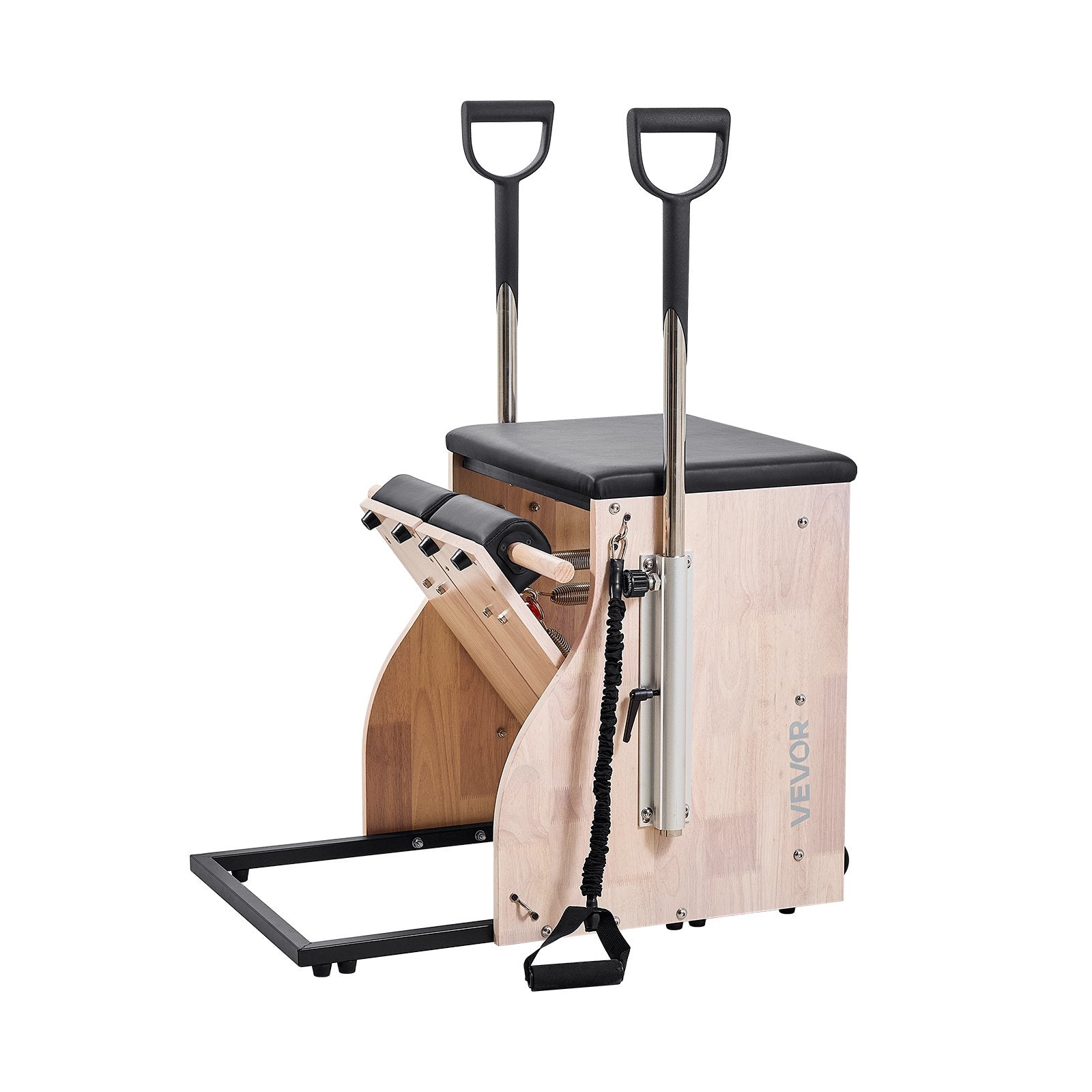 Vevor Pilates Chair with split pedals, handles, rubber wood frame, used for home gym yoga and resistance workout exercises.
