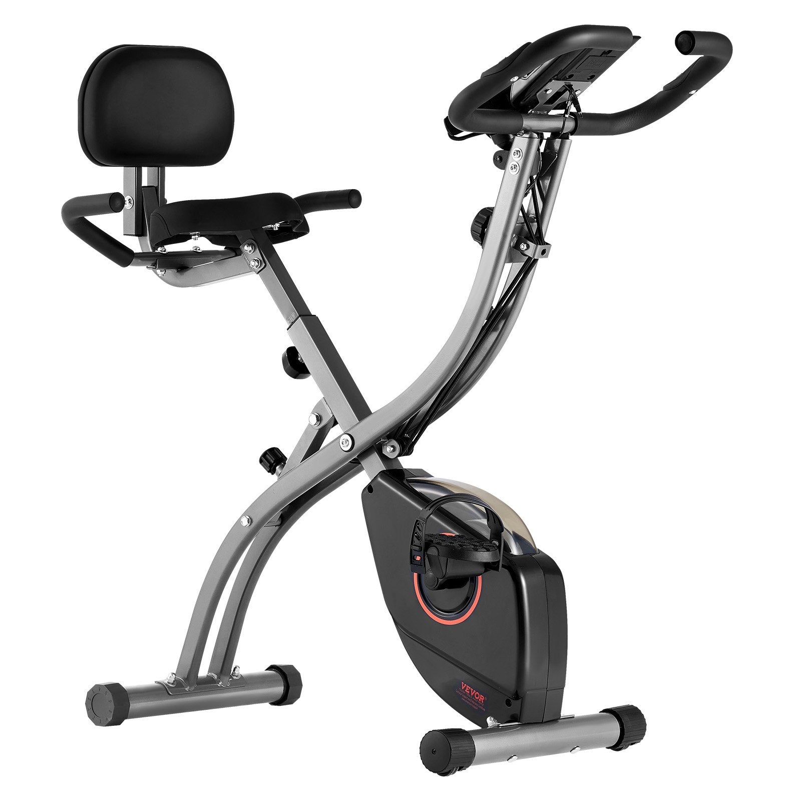Foldable VEVOR exercise bike with adjustable magnetic resistance, comfortable seat, LCD monitor, ideal for indoor home gym workouts.